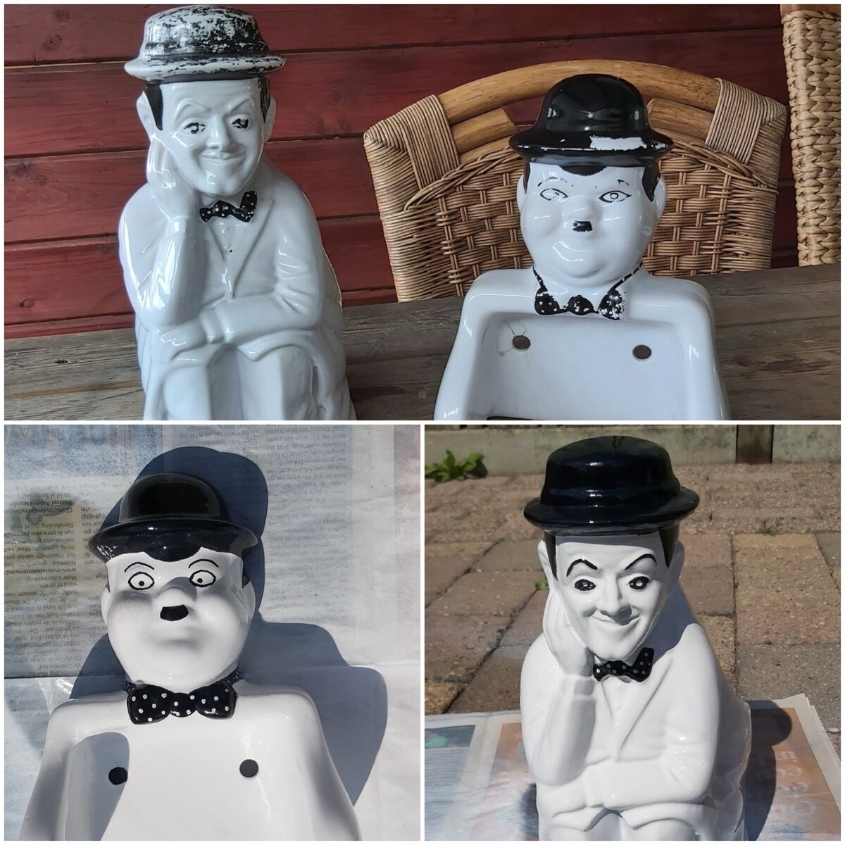 Beschadigde Laurel & Hardy figurines links, herstelde versies rechts